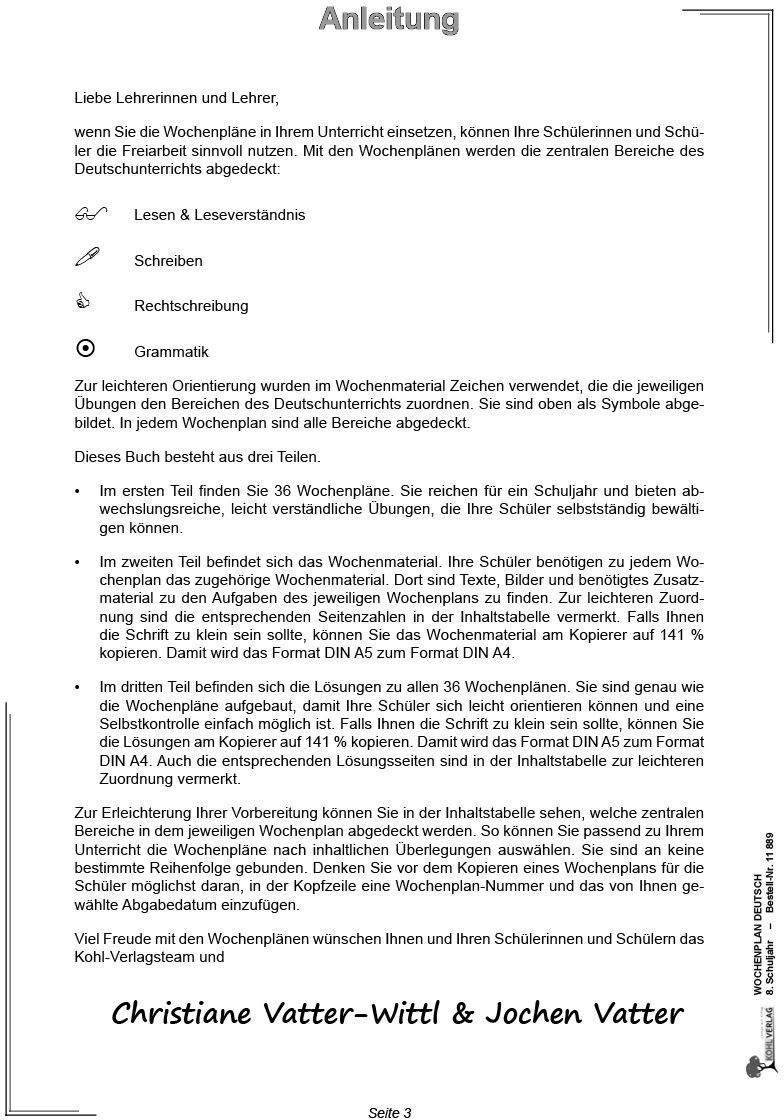 KOHL Verlag Wochenplan Deutsch / Klasse 8