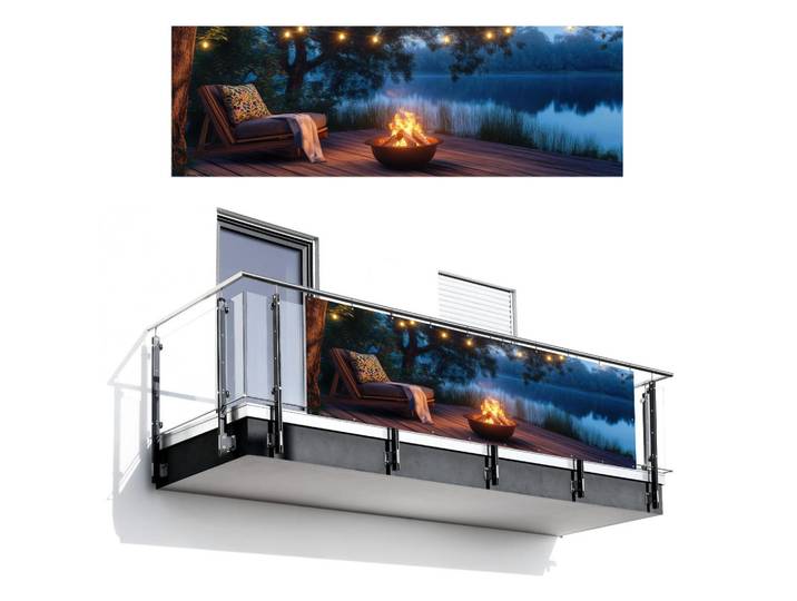 MuchoWow Balkon-Sichtschutz Lagerfeuer - See - Abendlicht, Dunkelblau, Kunststoff, Rechteckig, 300x100 cm, Sonnenschutz, Sichtschutz