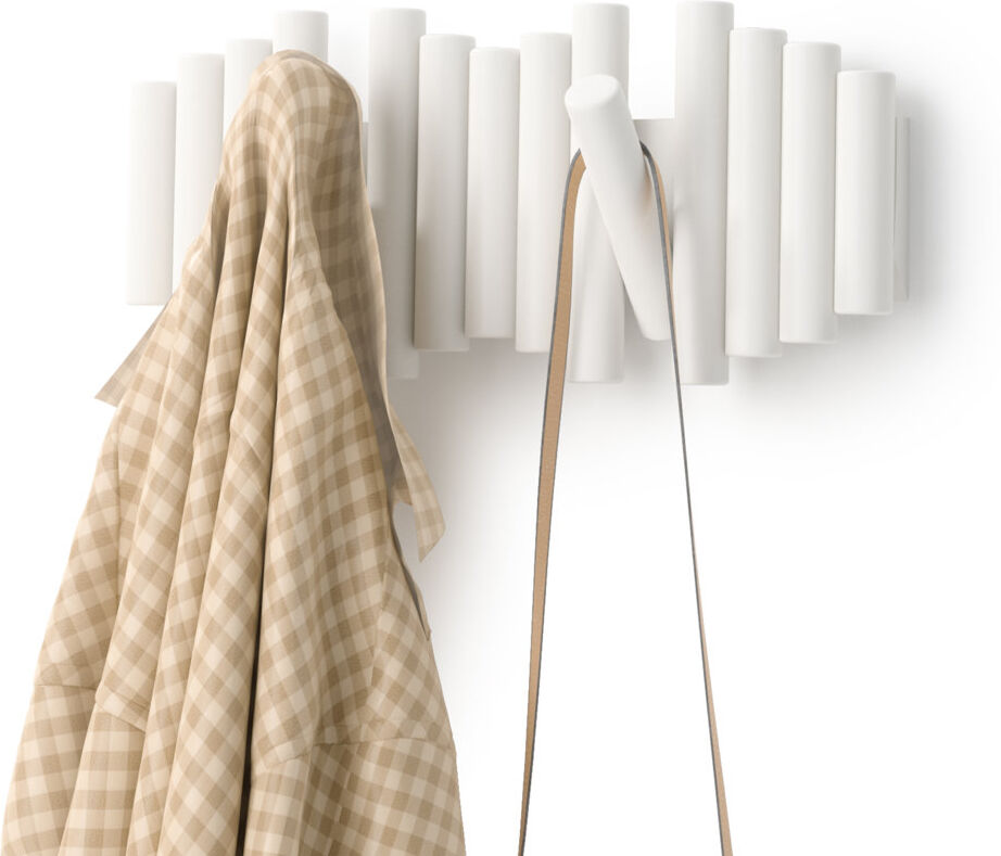Umbra Picket 5-Hook Wall-Mounted Wooden Coat Rack with Adjustable Flip-Down Hooks White 16.5cm H X 38.3cm W X 4cm D