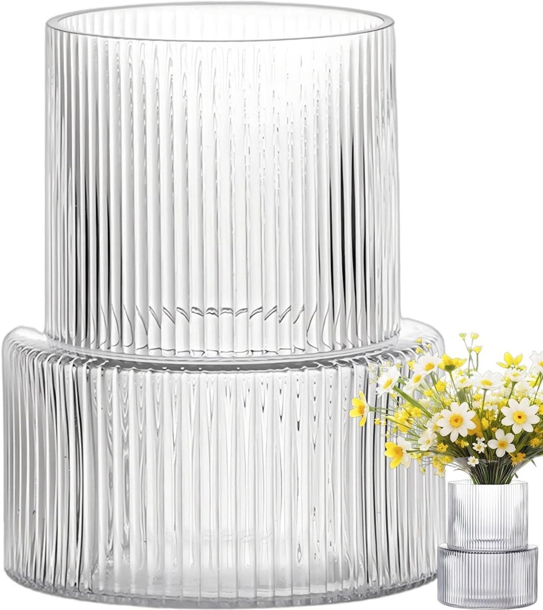 Decoratieve geribbelde glazen vaas in grijs - Hoogte: 18 cm