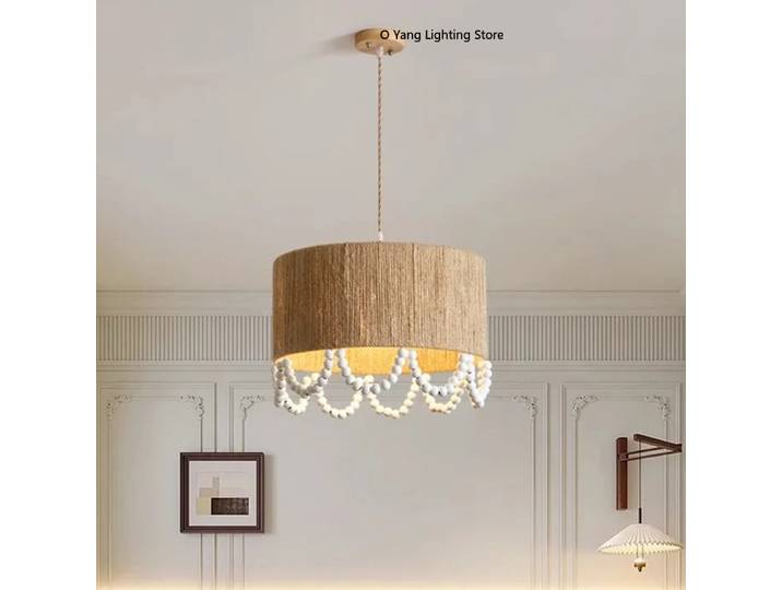 Lustre suspendu en corde de chanvre avec perles en bois Wabi Sabi japonais pour restaurant, salon, décoration intérieure, chambre à coucher