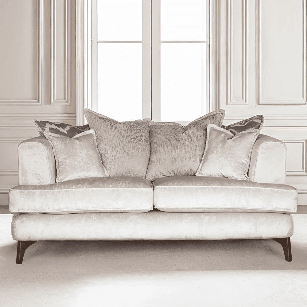 Gisele Oyster & Taupe Textured Chenille Pillowback Sofa Range with Walnut Legs, 3 Seater