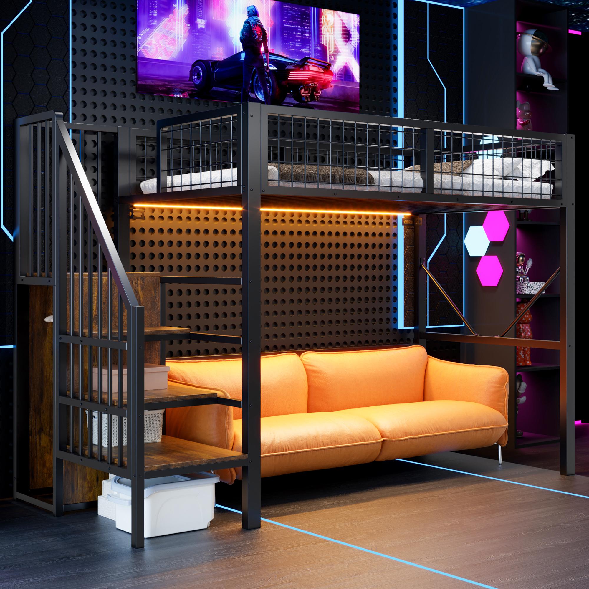 Merax Metall-Hochbett Etagenbett 90×200 cm mit Stauraumleiter, Kinderbett mit LED-Beleuchtung und Sicherheitsgitter, 144cm Freiraum, Holz, Schwarz