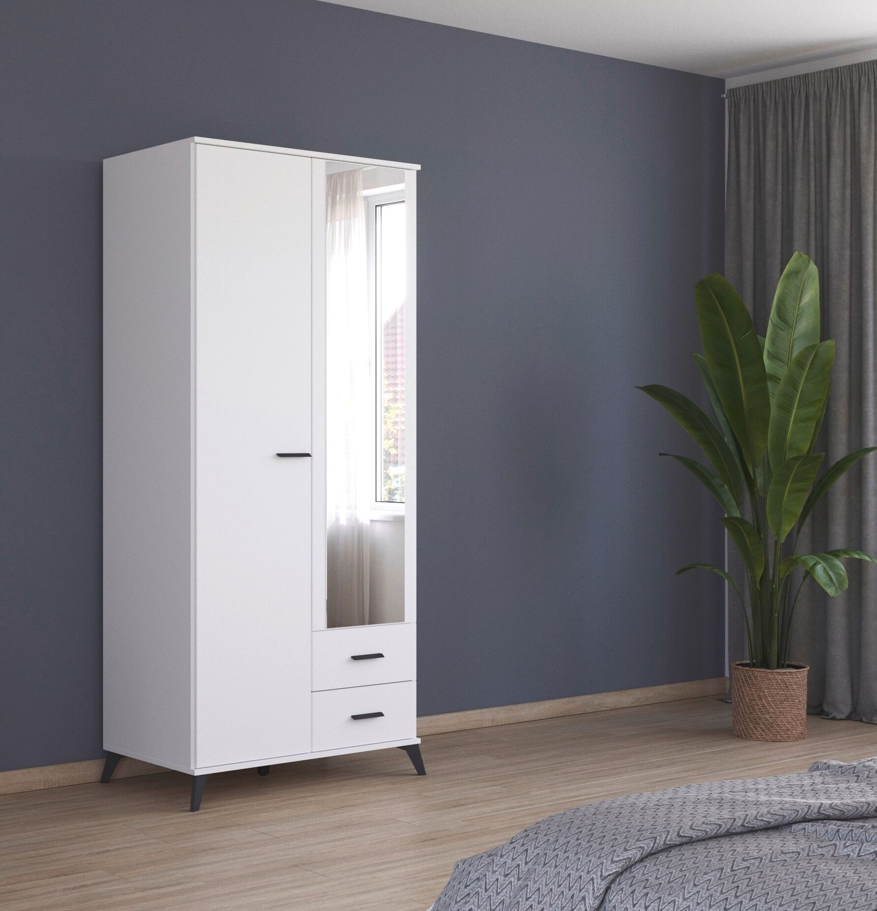 Drehtürenschrank RAUCH "Lucena", weiß (alpinweiß), B:95cm H:203cm T:54cm, Holzwerkstoff, Schränke, Drehtürenschrank, mit schräg ausgestellten Füßen im Monochrom-Stil, mit Spiegel