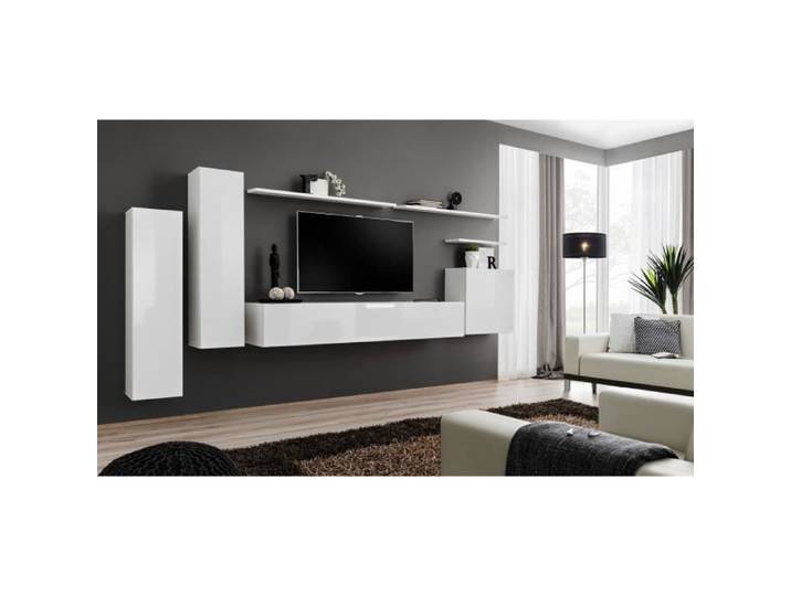 Meuble TV - PRICE FACTORY - SWITCH I - Blanc brillant - Design contemporain - 1 porte abattante