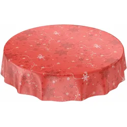 Weihnachtstischdecke Schneeflocken Rot abwaschbar Wachstuch Wachstuchtischdecke - Rund 100 cm, Schnittkante