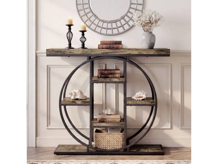 Industrial Console Table with Storage Shelves - Rustic Brown