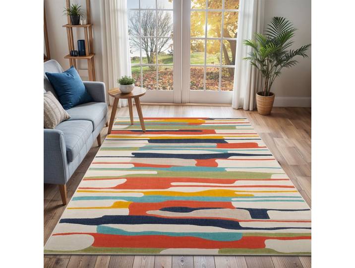 LIVABLISS Tapis de Salon à Poils Courts Doux Scandinave Moderne ANAIS 120x170cm Multicolore/Orange