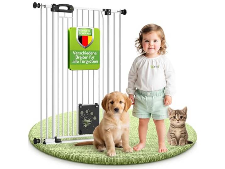 BOMI Tierschutzgitter Merle Treppenschutzgitter ohne Bohren Ideal als Absperrgitter Hund, Katzengitter Tür & Welpenzaun Extra Enge Stäbe Hundegitter Wohnung weiß Metall Breite: 143-153 cm