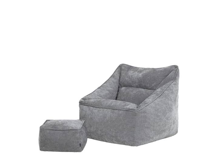 Pouf fauteuil et repose-pied carré en tissu chenille texturé gris