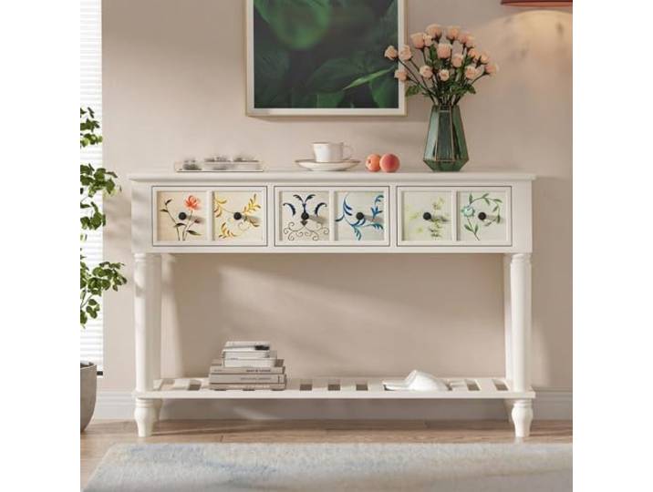 Konsolentisch Schmal Massivholz Mit Schublade,Flurtisch, Beistelltisch Sofatisch,Eingangstisch,für Wohnzimmer,Flur,Diele,Eingangsbereich,Modern(White2,116x30x90cm)