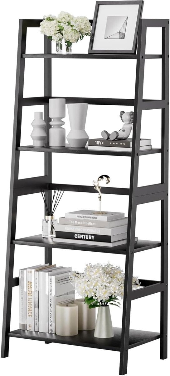 Ladder Boekenkast met 4 laags en robuust bamboe frame in zwart