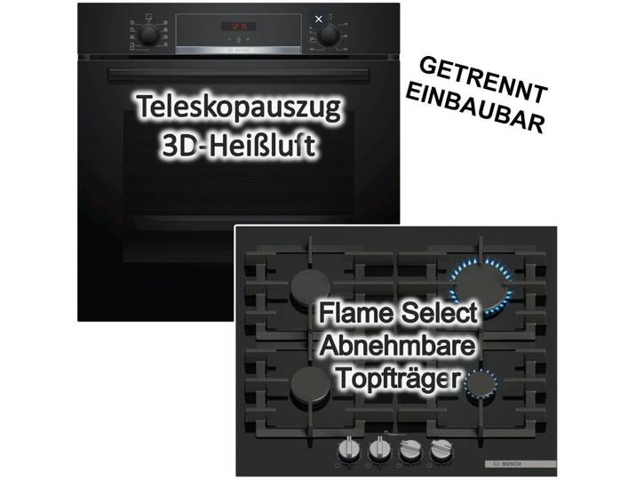 BOSCH Backofen-Set 71L Gas Kochfeld 60cm schwarz 3D Heißluft Hydrolyse Flame Select, mit 1-fach Teilauszug, Hydrolyse EcoClean Direct
