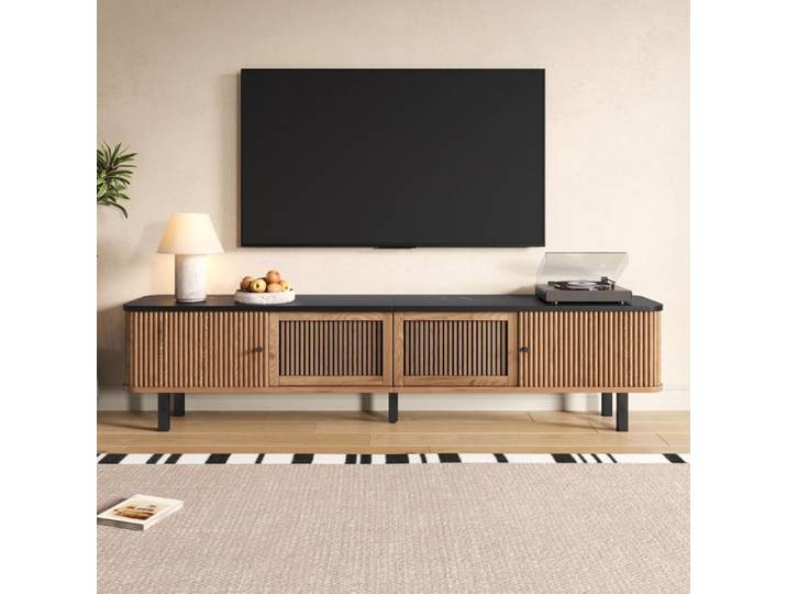 Meuble TV moderne meuble TV bas. Deux portes coulissantes deux portes grillagées 190x35x45cm MDF Chêne