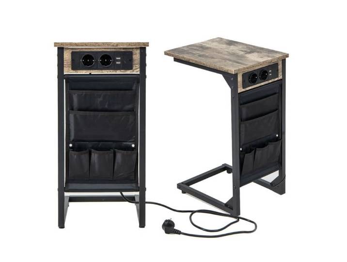 COSTWAY Lot de 2 Tables d'Appoints en Form de ‘C' avec 2 prises&2 ports USB Poches de Rangement Latérales Industriel 40x30x60cm