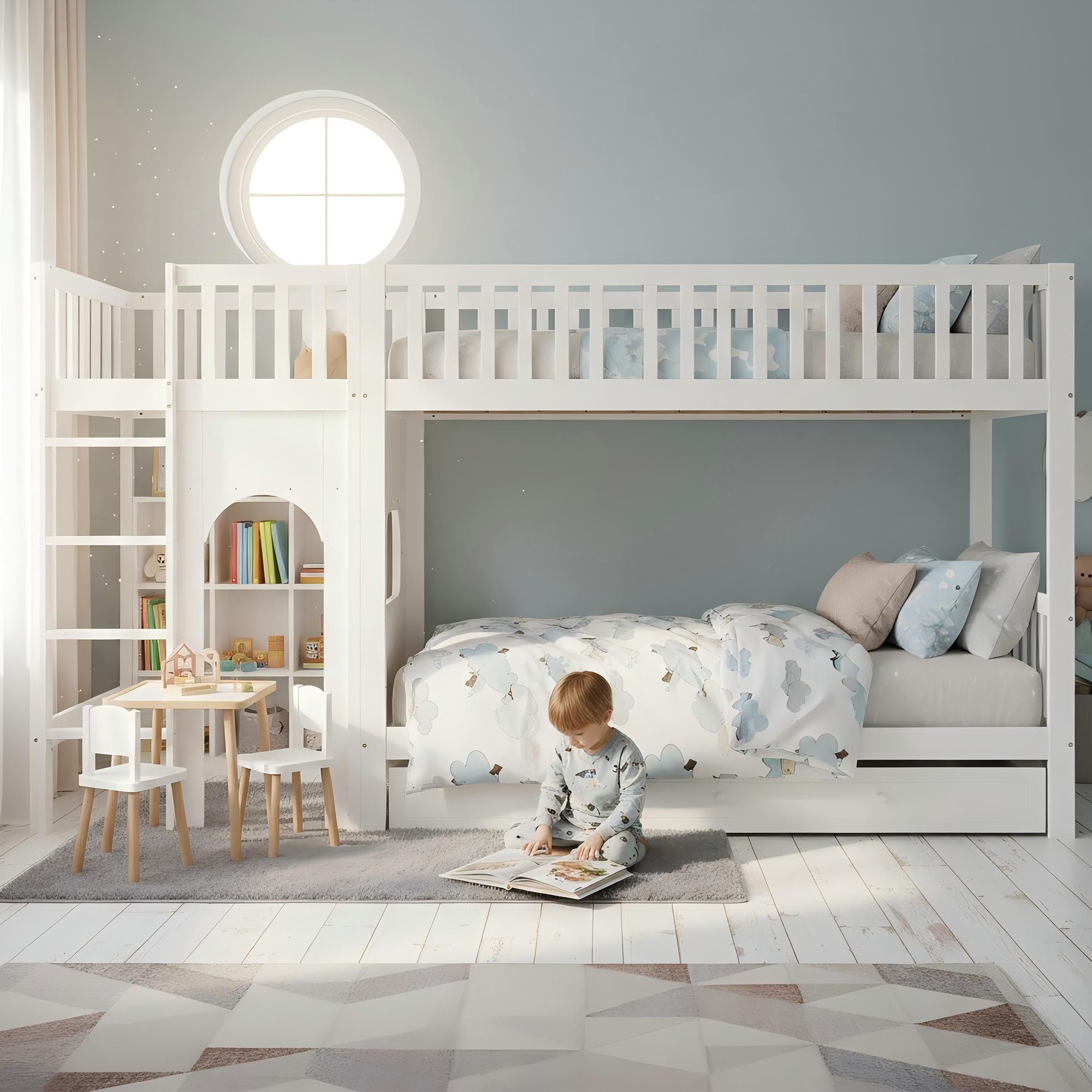 Zerbaco Etagenbett 90x200 cm, Einzelbett mit vierstufiger Leiter, vierseitigen Geländern, kleinem Gestaltungsbereich, Kiefer mit MDF, Weiß und Natur