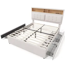 POLSTERBETT leinen-optik beige 140X200 mit 4 schubladen & integrierter ladestation