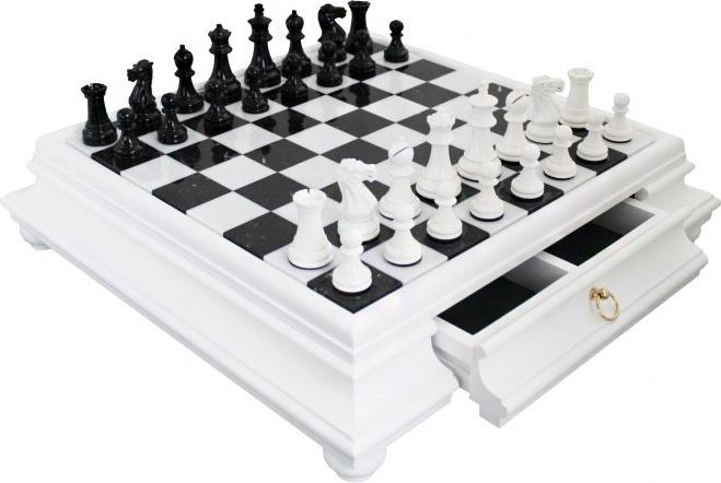 Italienische Schachfiguren Weiss/Schwarz Holz + Schachbrett Marmor/Holz Weiss 46