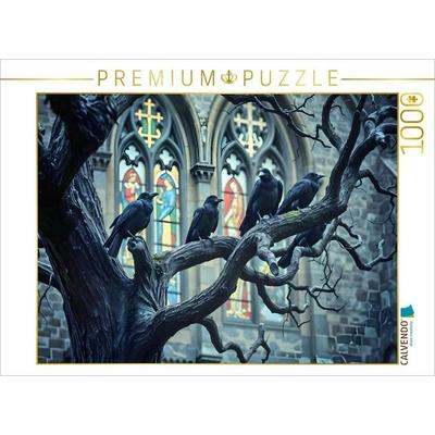 CALVENDO Puzzle Geflüsterte Prophezeiungen - HD-Leinwand 'Krähen & alte Kirche' | 1000 Teile Lege-Größe 64x48cm Foto-Puzzle für glückliche Stunden