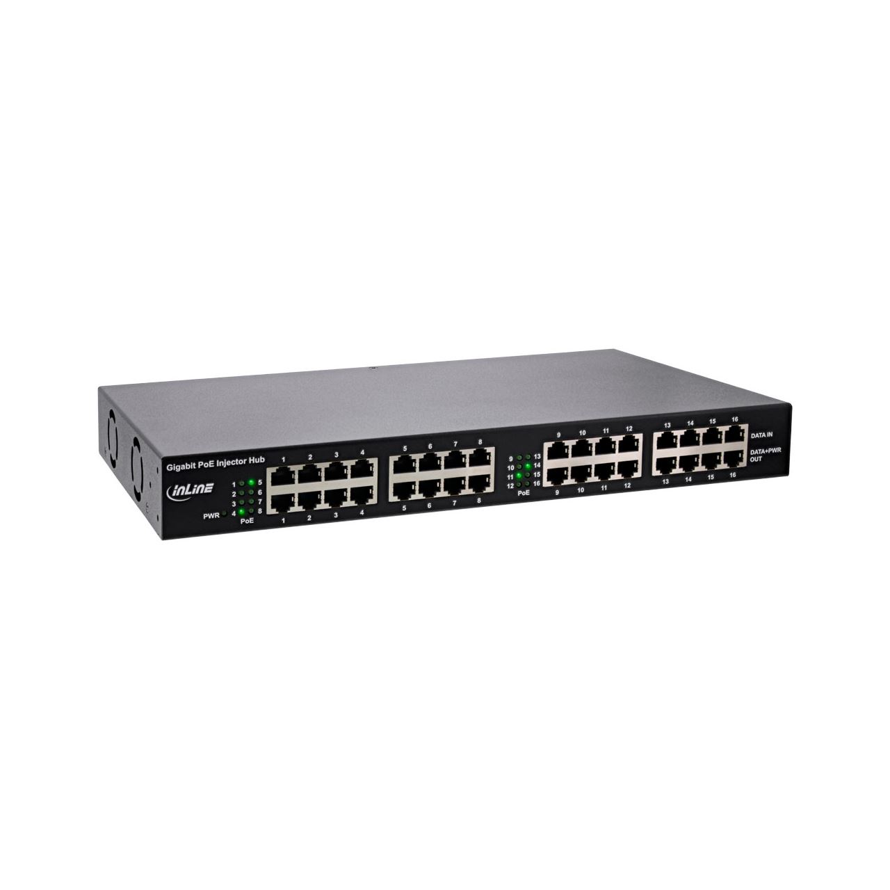 InLine PoE+ Gigabit Netzwerk Injektor Hub 16 Port (16x PoE+), 1GBit/s, 19" (Winkel enthalten), Metall, 2 Lüfter
