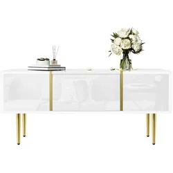 Hochglanz Couchtisch Weiß 100x60x41 mit 2 Schubladen und goldenen Metallelementen – Elegantes Design, zusätzlicher Stauraum, pflegeleicht