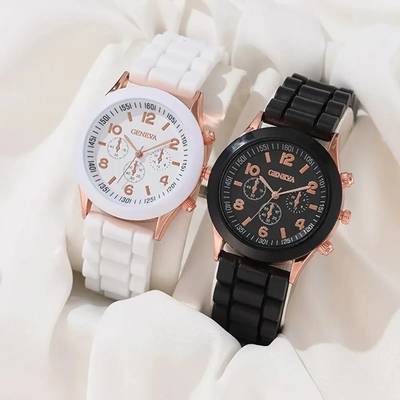 Combo Retail Shop Elegant Fashion Watch Set For Women, Luxury Alloy Silicone Strap Quartz Men Watches black White
