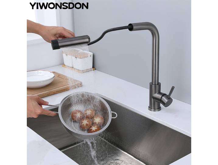 Robinets de cuisine gris, 6 modes, Rotation extractible, cascade, tête de pulvérisation à jet noir, mélangeur d'évier, accessoire de robinet d'eau en nickel brossé