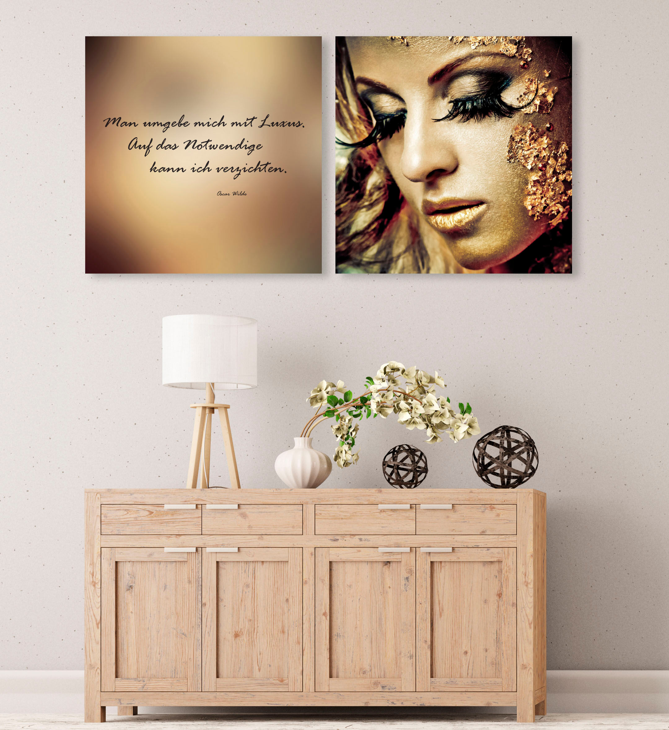 Leinwandbild QUEENCE "Reichtum", gold (farbe bild(er): goldfarben), B:80cm H:40cm T:2cm, Canvas, Holzrahmen, Bilder, Leinwandbild, Premium-Leinwandstoff, Handarbeit aus Deutschland, Zitat, 2er Set farbe bild(er): goldfarben B/H/T: 80cm x 40cm x 2cm, recht