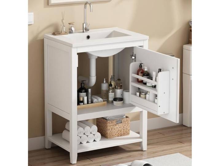 Meuble de salle de bain simple lavabo meuble sous lavabo 60 cm avec lavabo en céramique avec étagère blanc