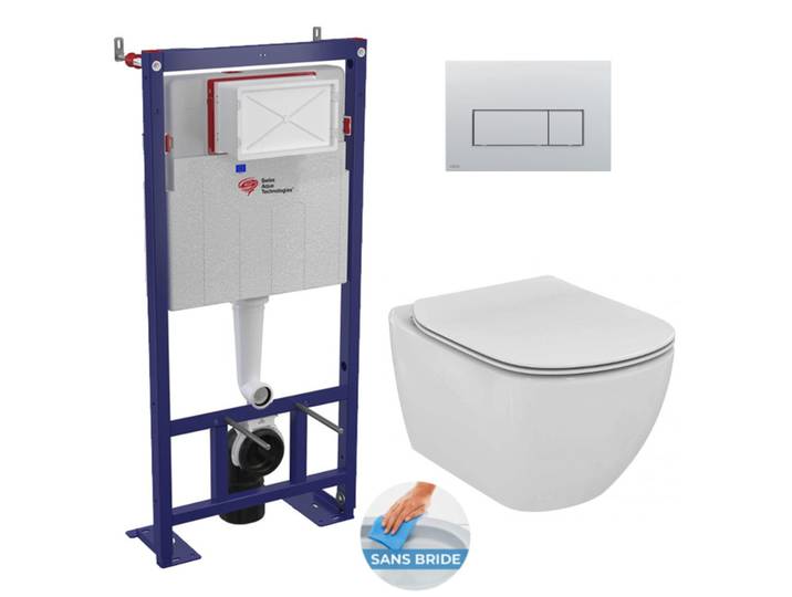 Pack WC Bâti autoportant + WC Ideal Standard Tesi Aquablade sans bride + Plaque Chrome mat (SMART-Tesi-572)