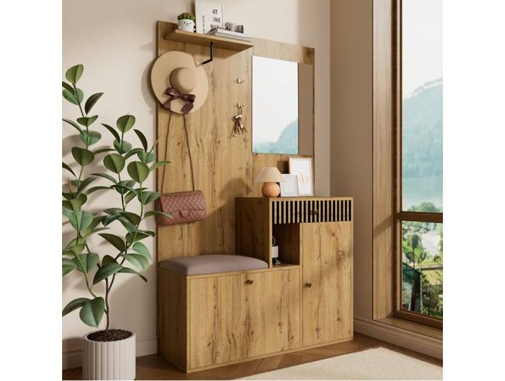 JOINERY meuble rangement vestiaire entrée miroir chaussures assise rembourrée patères tiroir MDF 110 x 37 x 185 5 cm bois