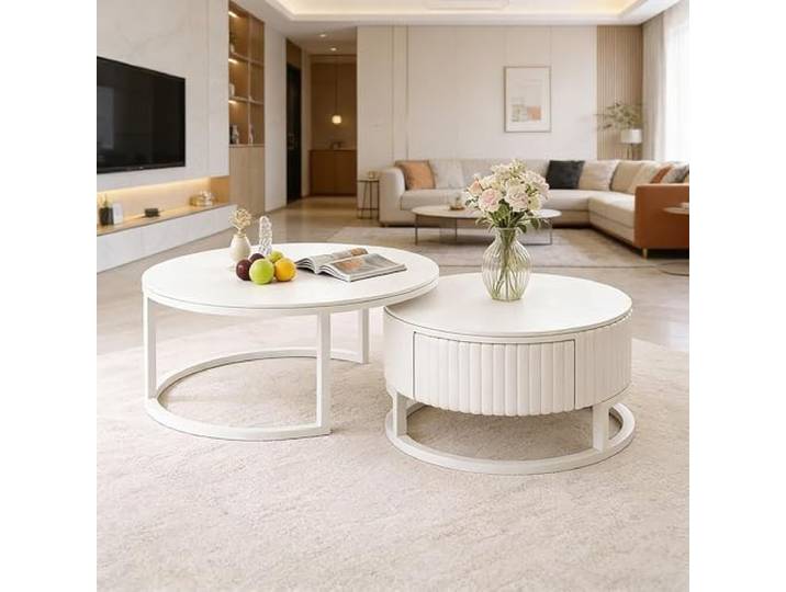 JPQTRYDRIS Marmor Rund Couchtisch Weiss Wohnzimmertisch 50+70cm Couchtisch 2er Set Satztische Kaffeetisch Für Schlafzimmer, Mit Schublade