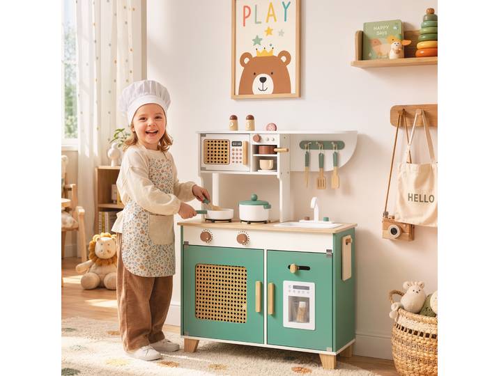 AIYAPLAY Cuisine Enfant Bois 19 Accessoires Placard 61x27x79,7cm