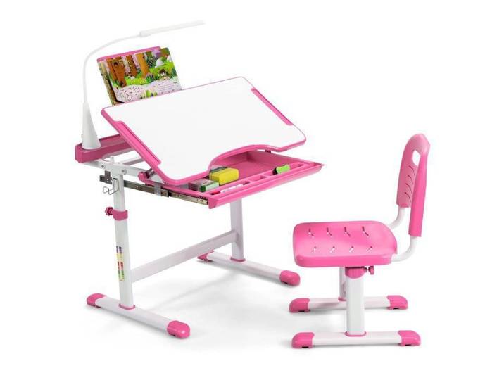 Bureau Enfant avec Chaise - DREAMADE - Lampe LED - Hauteur et Angle Réglables - Support de Lecture - pour Enfant 4 ans+ - Rose