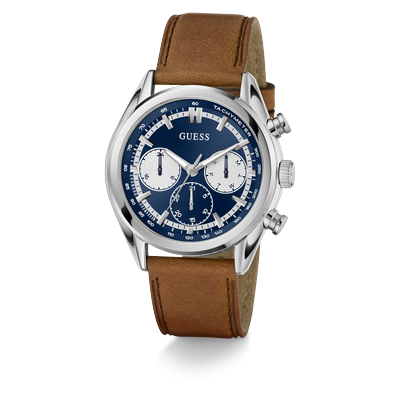Multifunktionsuhr GUESS "DAWSON", braun (cognacfarben, blau), Armbanduhren, Herren, silberfarben, Quarzuhr, Armbanduhr, Herrenuhr, Lederarmband