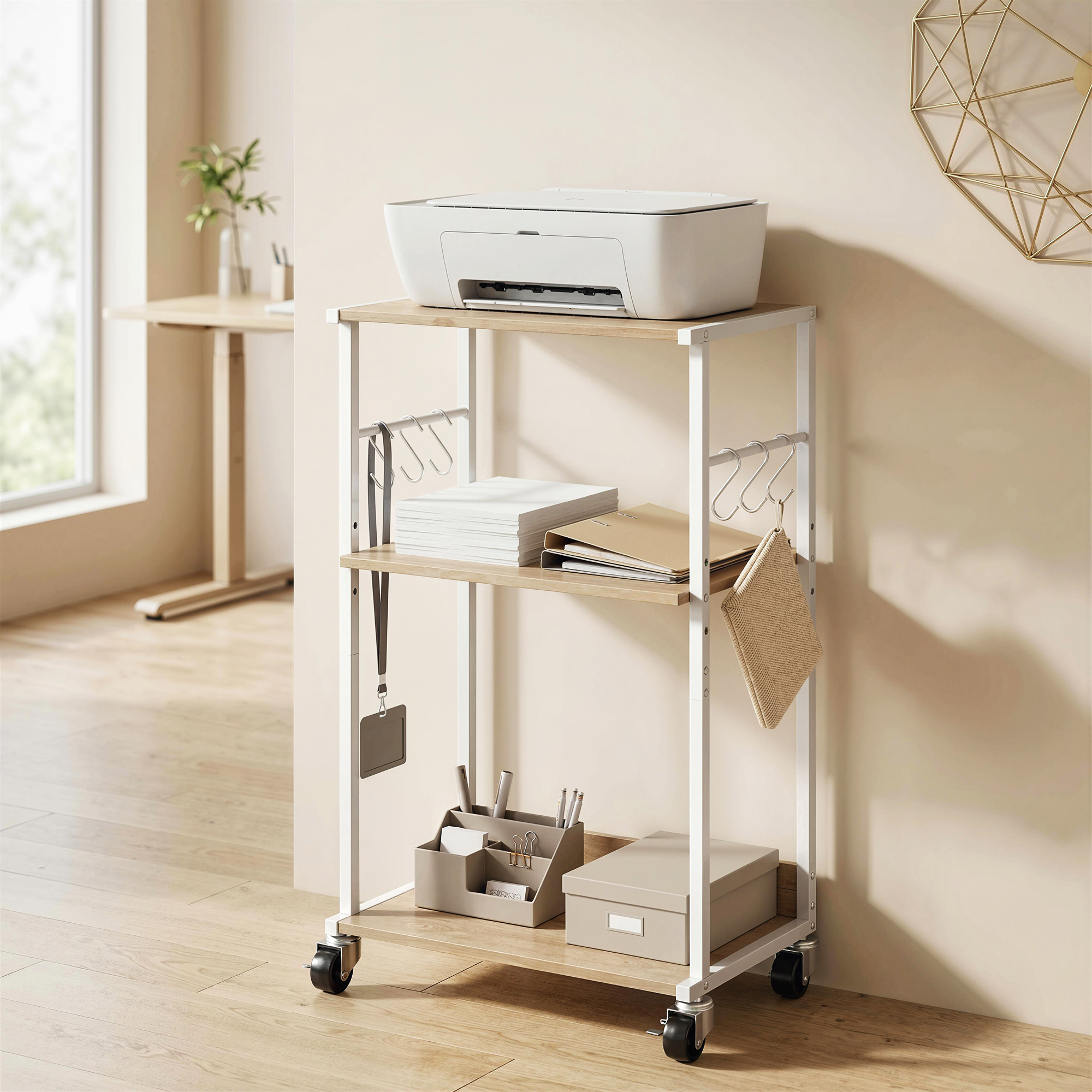 Homcom 3-Livelli Stampante Supporto con Ruote e Ganci, Tavolino Moderno, Naturale.   Aosom Italy