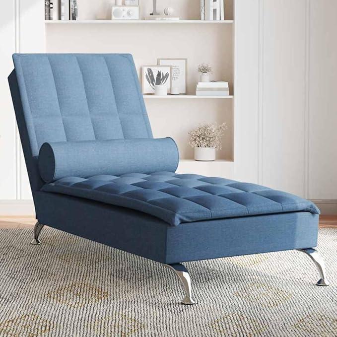 Massage-Chaiselongue mit Nackenrolle Blau Stoff, 138x56x75 cm, mit Vibrationsfunktion, Sperrholzlatten, verchromte Metallbeine, komfortable Ruheliege für Wohnzimmer und Leseecke