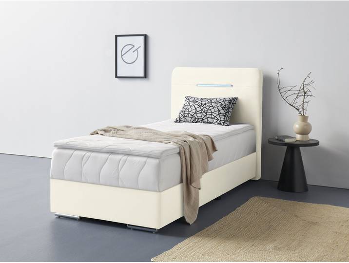 Boxbett, Polyester, Beige, 96×207 cm, Boxspringbett mit LED-Beleuchtung, Cotta