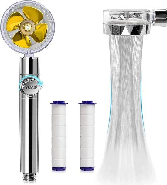 Pipihome Hogedruk-waterbesparende handdouchekop met 360 graden draaibare propeller en 2 katoenfilters, Goud/Geel
