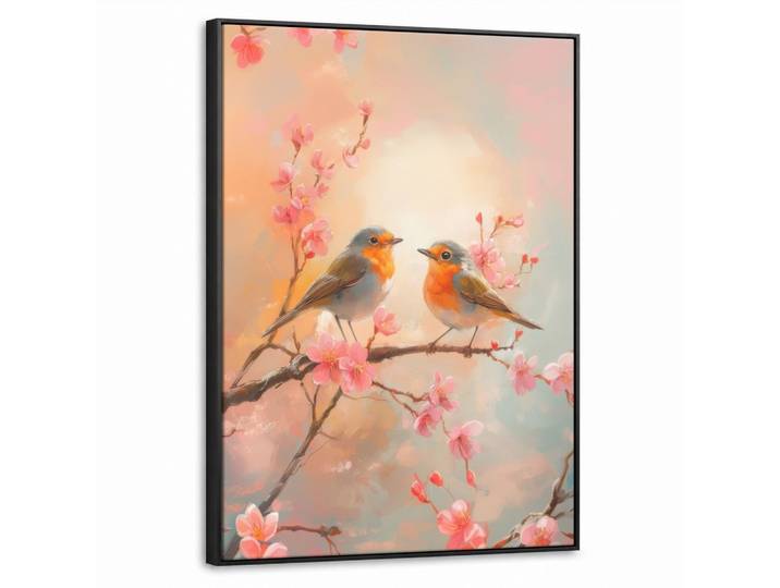 LEINWAND Bilder mit Rahmen - Rotkehlchen - Zierpflanze - Blütenzweig - 60x80