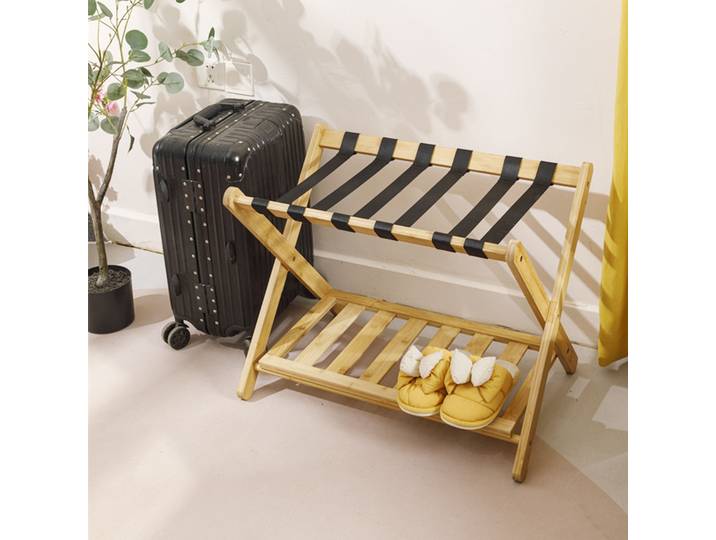 Porte-bagages avec étagère de rangement, support de valise en bambou robuste, pliable et Portable pour chambre à coucher, hôtel