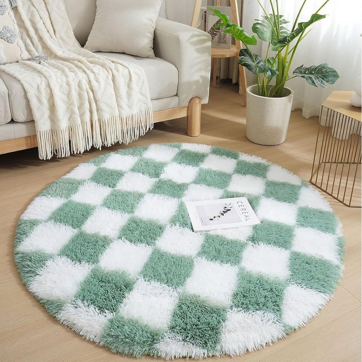 Rond Hoogpolig Vloerkleed - Modern & Superzacht - Groen Wit Geruit - Polyester