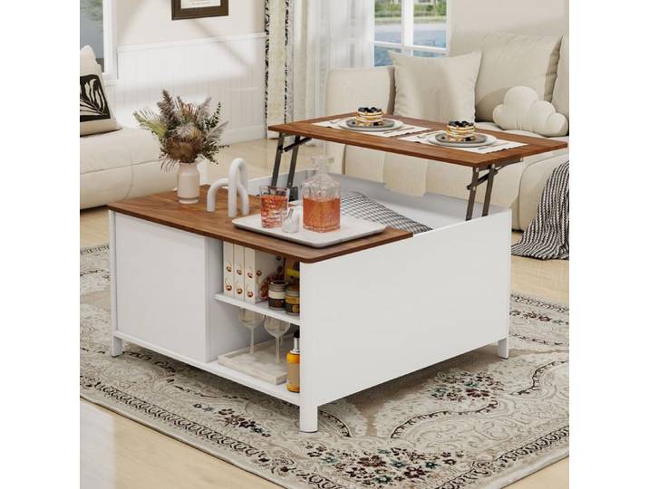 Table Basse Relevable Table Basse avec Grand Rangement Table de Salon Moderne 80 cm Blanc