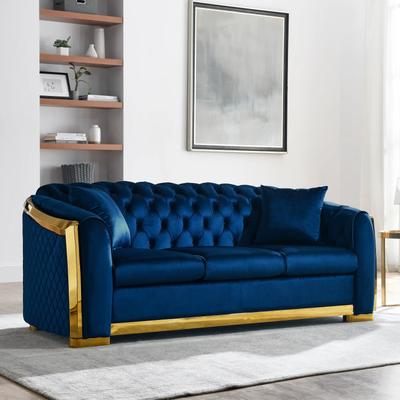 PRO_SELLERS 84-Inch 3-Seater Tufted Velvet Chesterfield Sofa with Gold Accents Bl