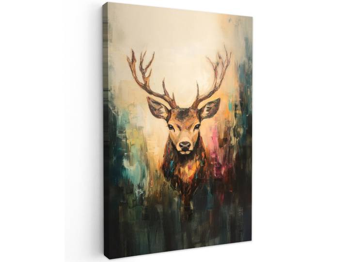 LEINWANDBILD Hirsch - Gemalt - Geweih - Braun Deko Groß 90x140 cm