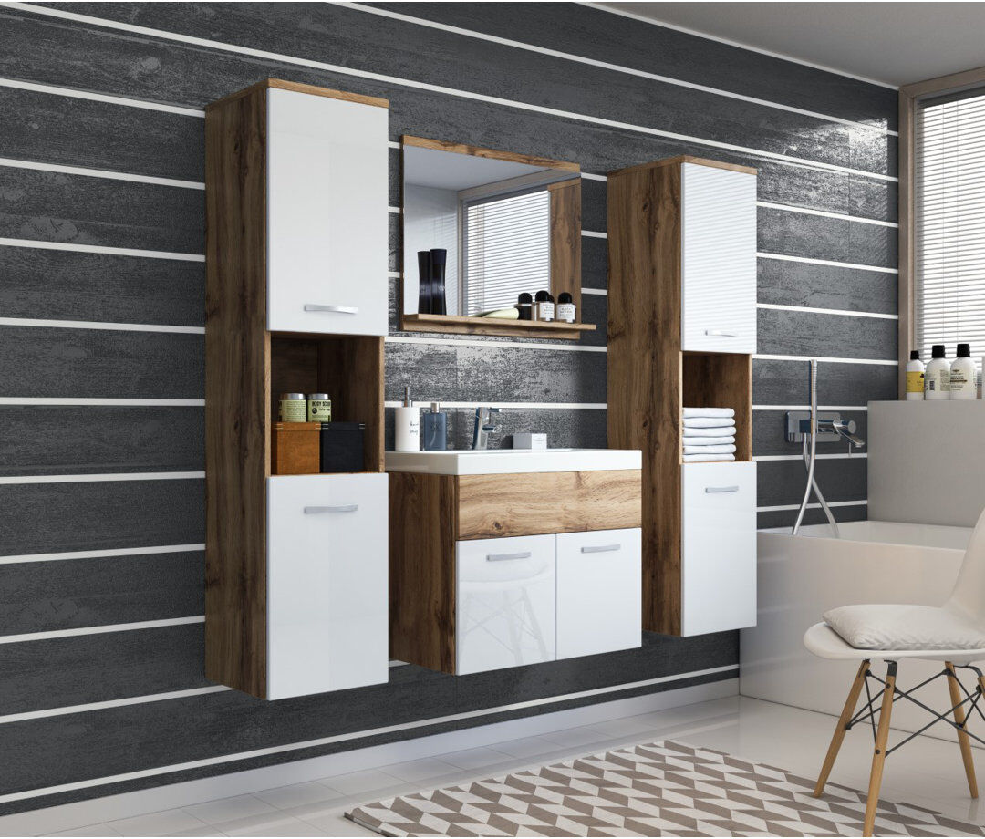 Wayfair Basics™ Belz Bathroom Storage Furniture Set Wotan Oak/White 132cm H X 91cm W X 35cm D