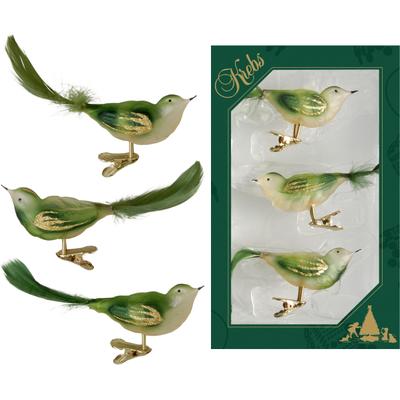 Christbaumschmuck KREBS GLAS LAUSCHA "Waldvögel", grün, B:4cm H:4cm T:9cm Ø:9cm, Glas, Weihnachtsbaumschmuck, Glas, 3 Stück