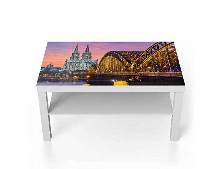 DEQORI Glastisch weiß groß 90x50 cm Motiv Kölner Wahrzeichen abends ausgefallener Beistelltisch aus Glas Hochglanz Couchtisch fürs Wohnzimmer moderner Couch Tisch mit Design