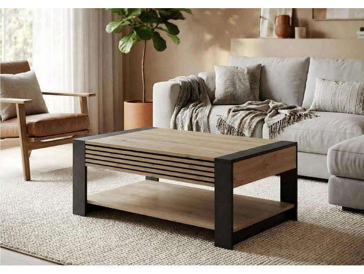 moebel-dich-auf Couchtisch LETIZIA (Artisan Eiche Dekor mit aufgesetzten Stäbchen, Absetzung schwarz Dekor, inkl. Schubkasten), MDF Front mit aufgesetzten Stäbchen