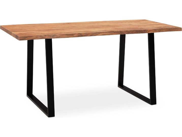 WOHNLING Bureau 140x80x76 cm Bois massif d'acacia / métal Bureau d'ordinateur Bord d'arbre Bureau de bureau à domicile Massif avec pieds trapézoïdaux en noir